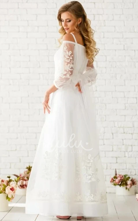 Simple A Line Tulle Floor-length Wedding Dress with Off-the-shoulder Sleeves & Ruching