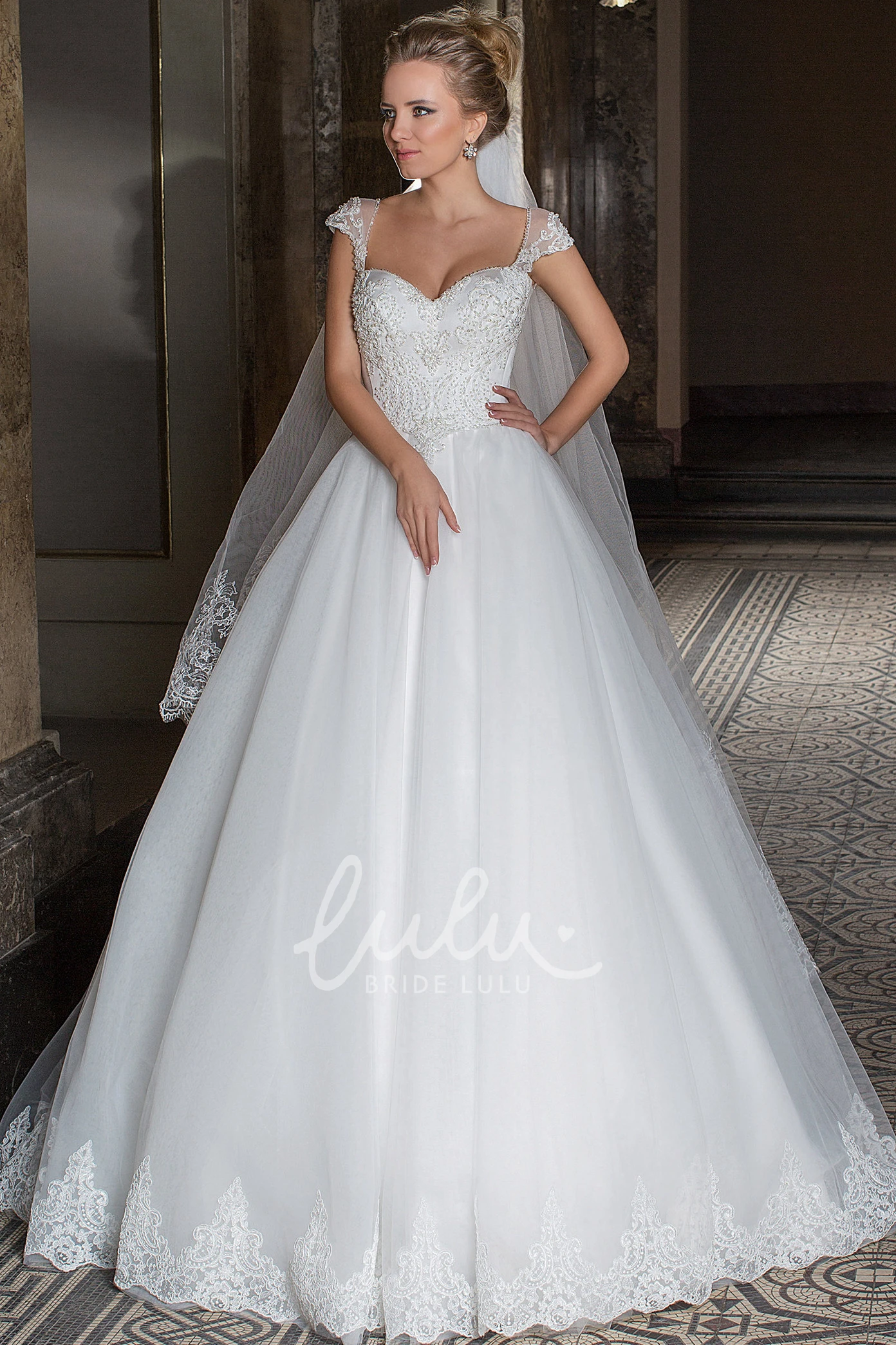 Appliqued Tulle Wedding Dress with Beading and Illusion Maxi Cap-Sleeve Sweetheart