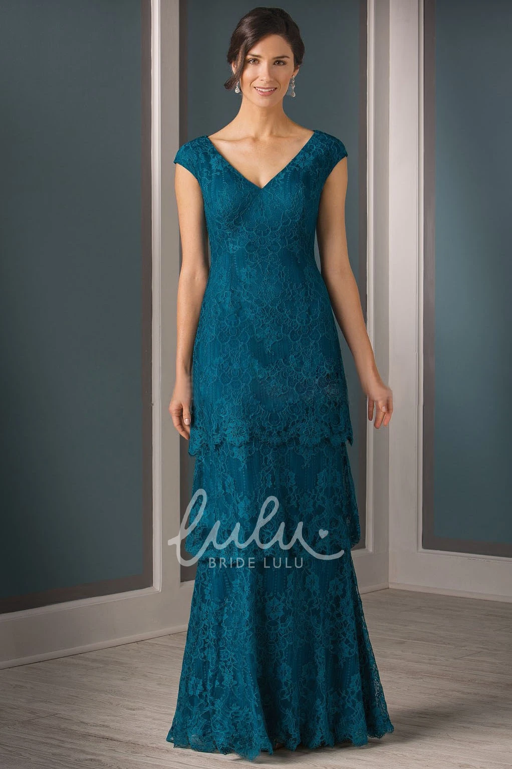 Tiered Lace Cap-Sleeved V-Neck Mother Of The Bride Dress Unique Formal Dress