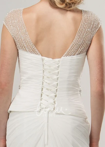 Chiffon V-Neck Wedding Dress with Beaded Cap-Sleeves and Criss Cross Unique Style