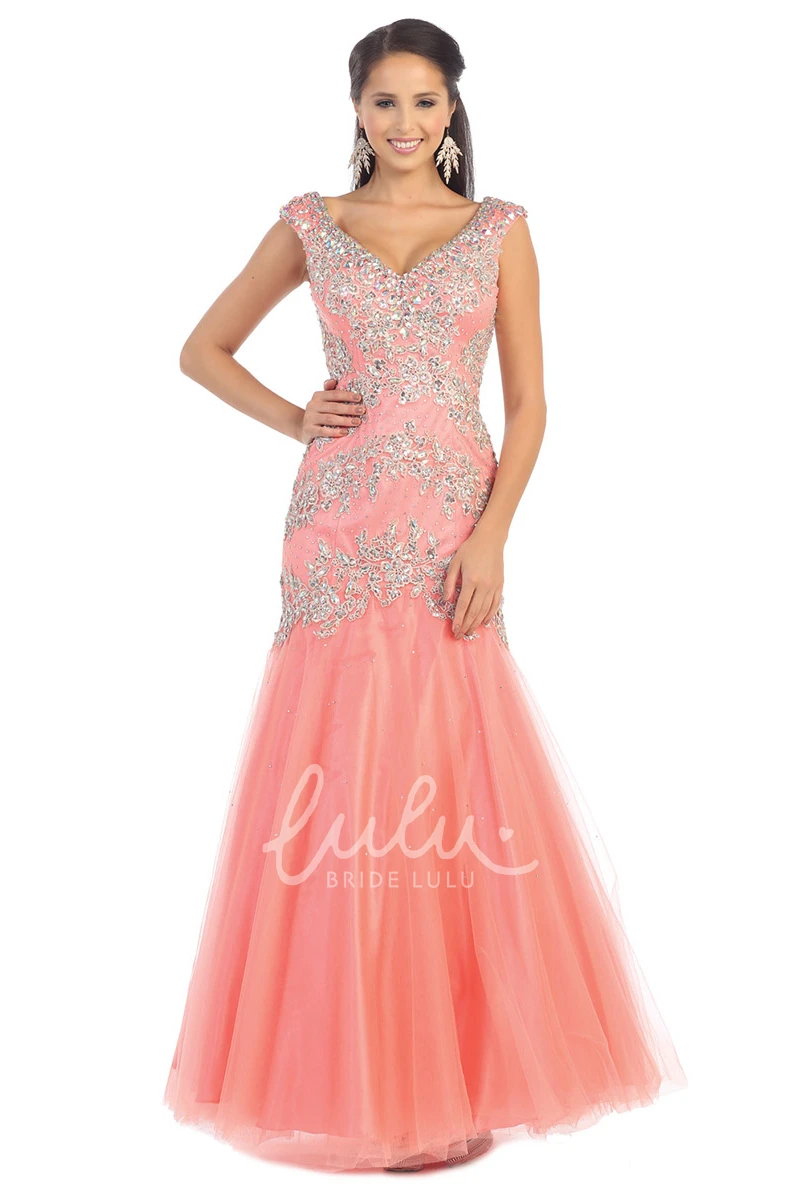 Long Mermaid Tulle Formal Dress with V-Neck and Beading