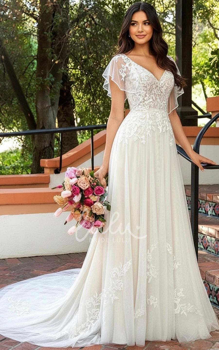 A Line Lace Boho Wedding Dress Flutter Sleeves V Neck Vintage Bridal Gown