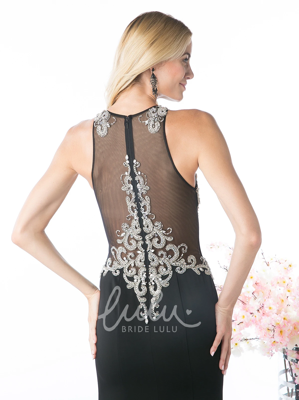 Sleeveless Sheath Jersey Illusion Formal Dress with Jewel-Neck and Beading