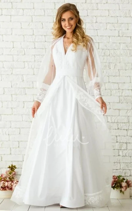 Chiffon V-neck A-line Long Sleeve Wedding Dress Simple and Graceful