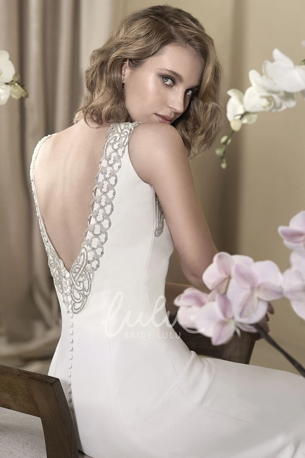 Beaded Sleeveless Sheath Wedding Dress with Bateau-Neck and Floor-Length
