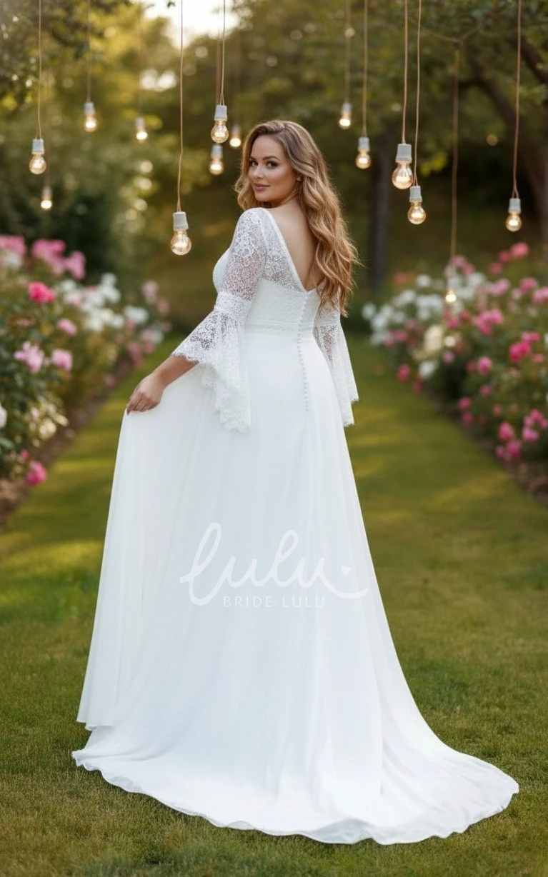 Elegant A Line Flowy Chiffon Plus Size Winter Wedding Dress Bohemian Lace Bell Sleeve Deep V-Neck Bridal Gown