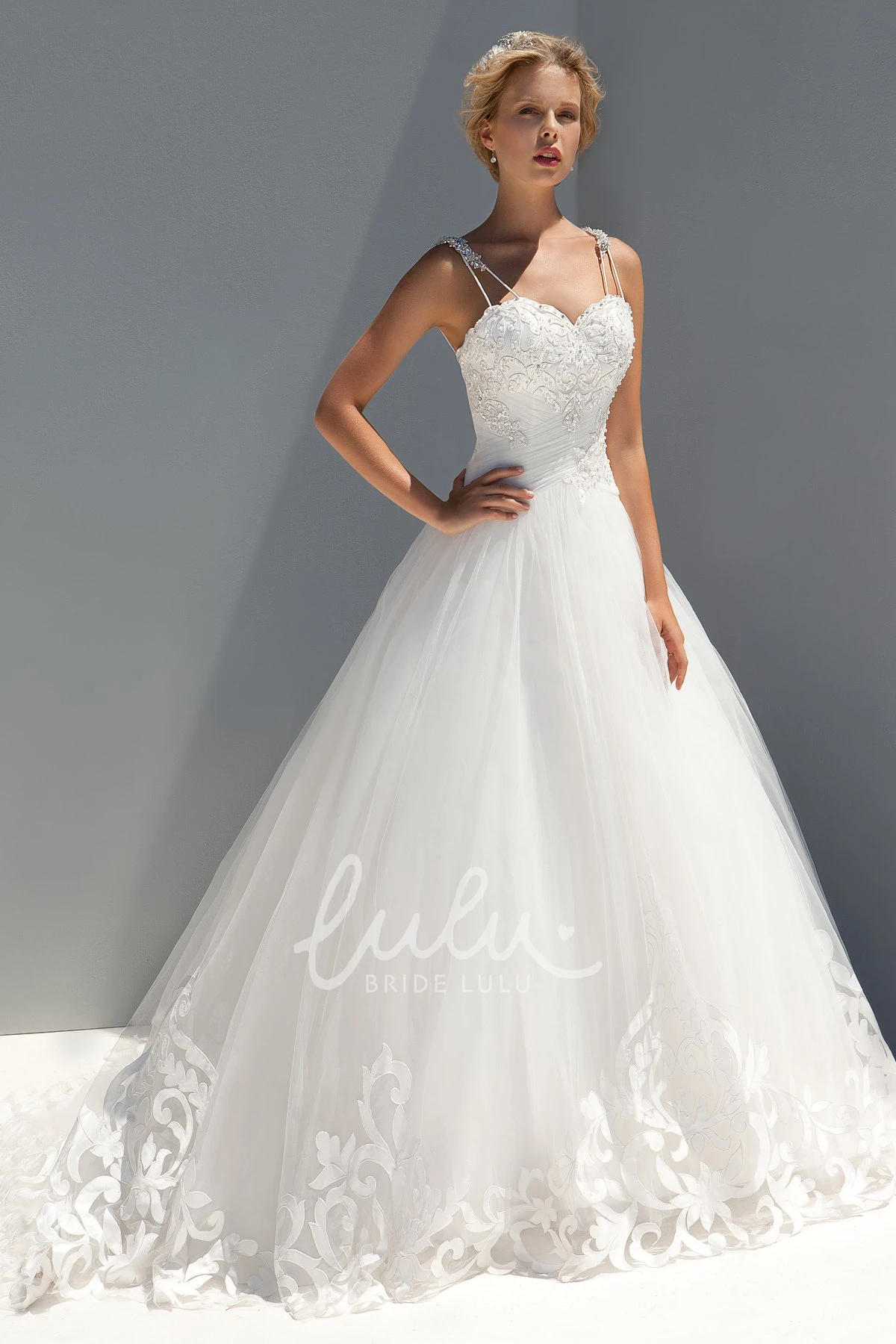 Tulle A-Line Wedding Dress with Sequins and Ruching Floor-Length Bridal Gown