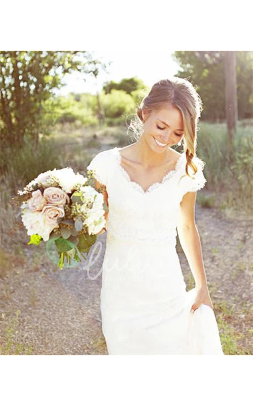 Sheath Chiffon Country Wedding Dress with Cap Sleeves and Lace Sash
