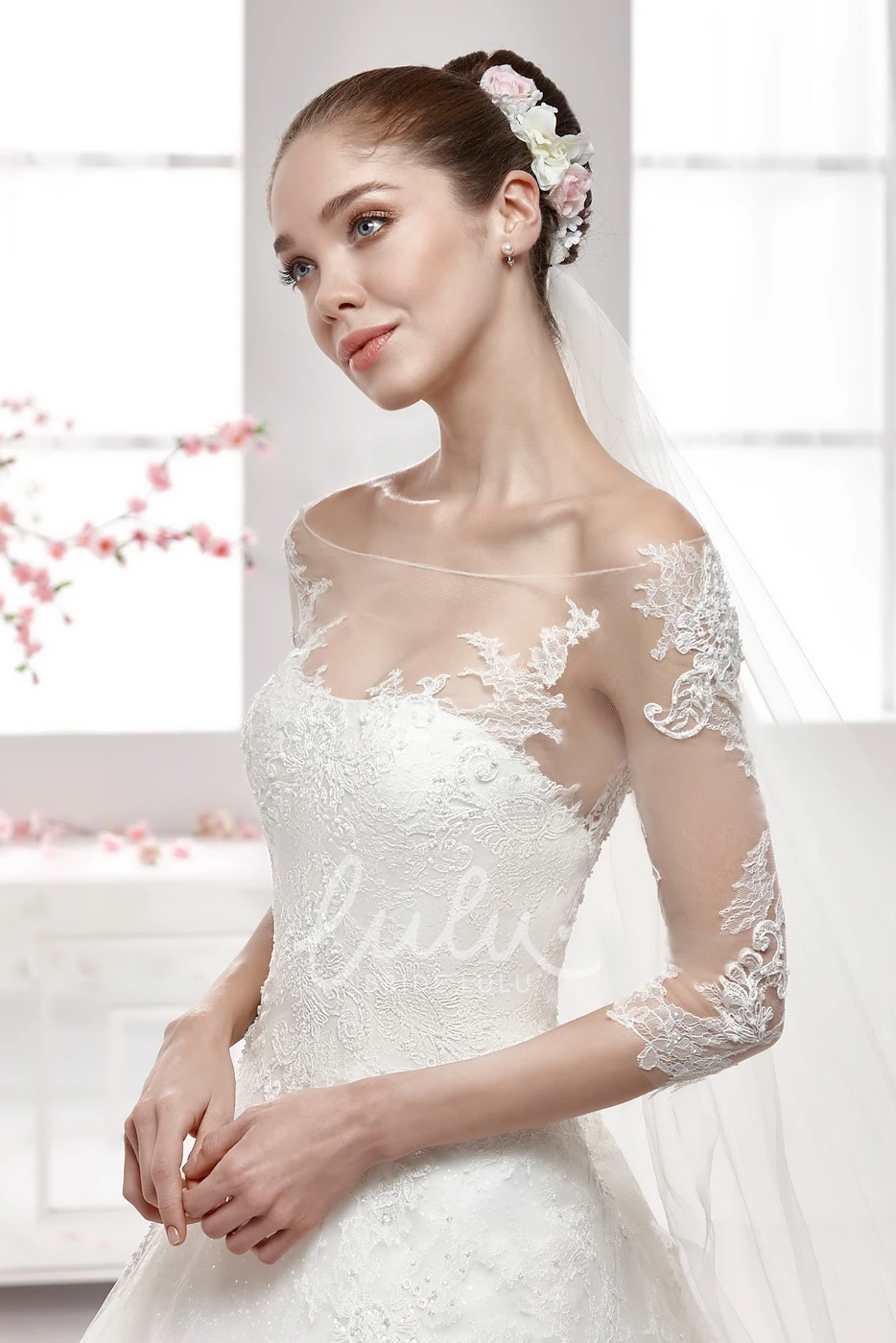 Lace Off-Shoulder A-Line Wedding Dress with Half Sleeves and Illusive Style