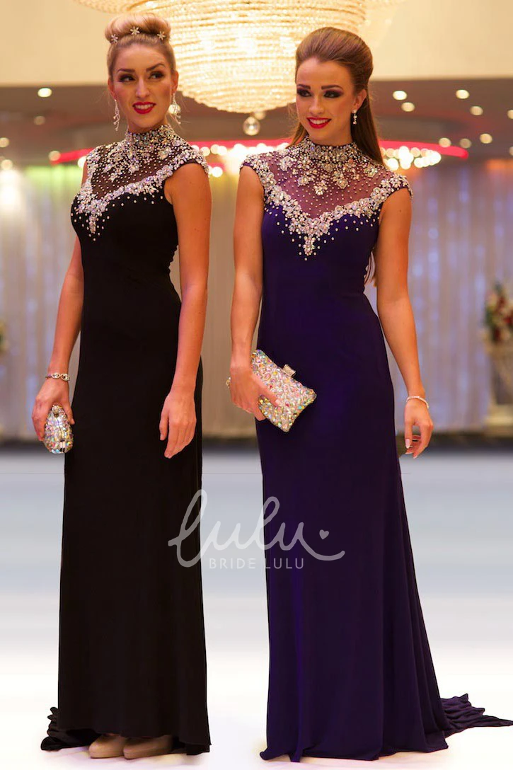 High-Neck Jersey Prom Dress Sheath Cap-Sleeve Beaded Floor-Length