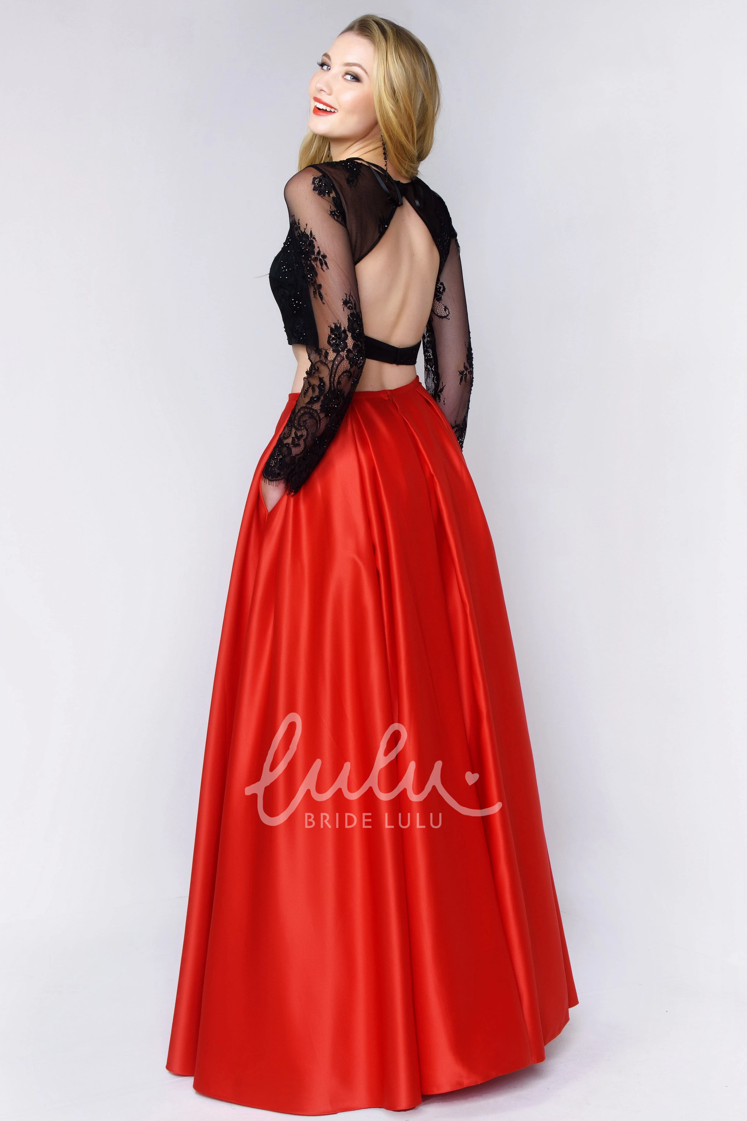 Lace Applique A-Line Satin Formal Dress with Long Sleeves