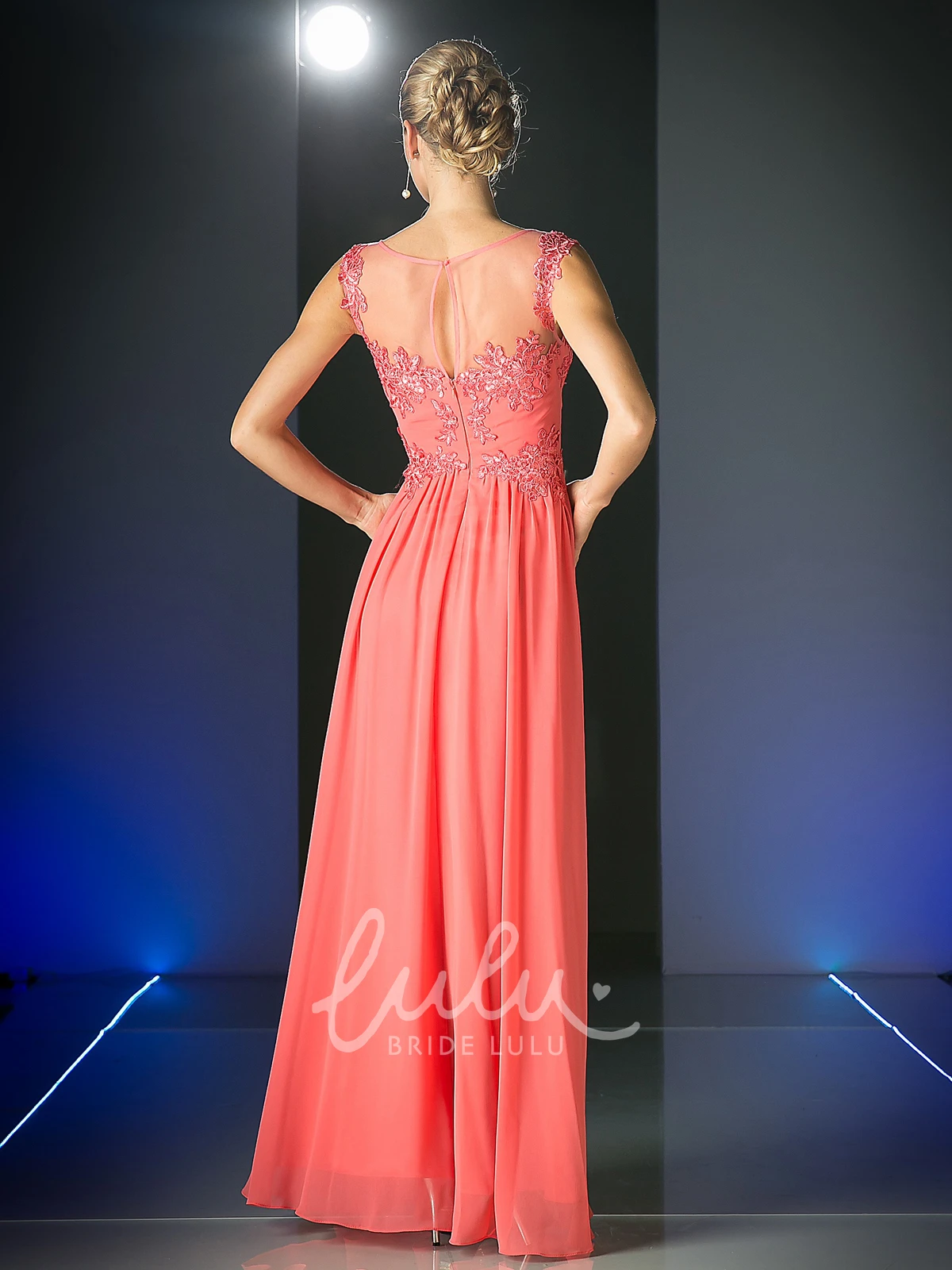 Scoop-Neck Sleeveless Sheath Dress with Appliques and Illusion in Chiffon Fabric