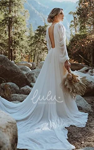 Chiffon A-Line V-Neck Wedding Dress with Open Back for Beach or Garden Wedding Elegant Flowy