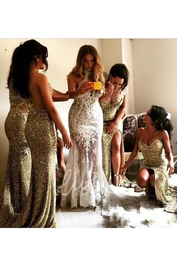 Sequin Sleeveless A-line Bridesmaid Dress with Split Front Halter Floor-length