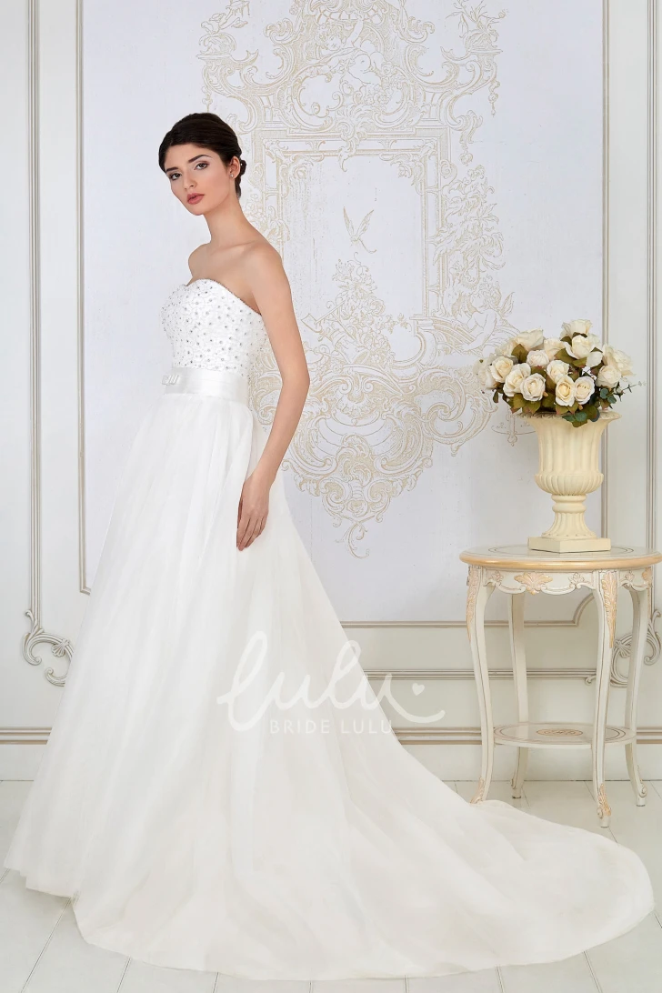 Maxi Strapless A-Line Wedding Dress with Beaded Bodice Flowy Bridal Gown