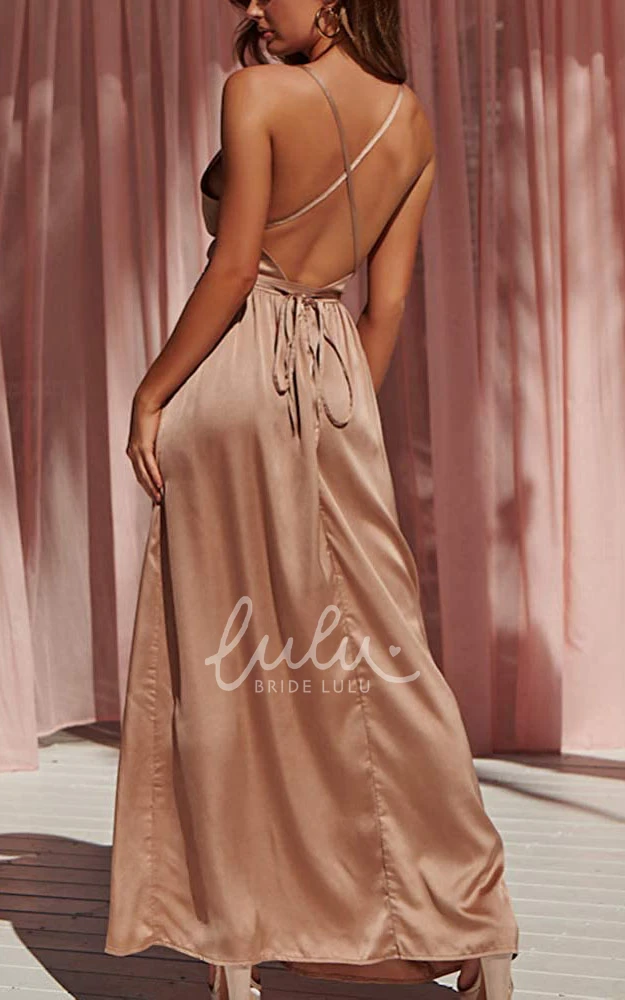 Romantic Satin V-neck A-line Guest Dress with Ruffles and Split Front Formal Dress