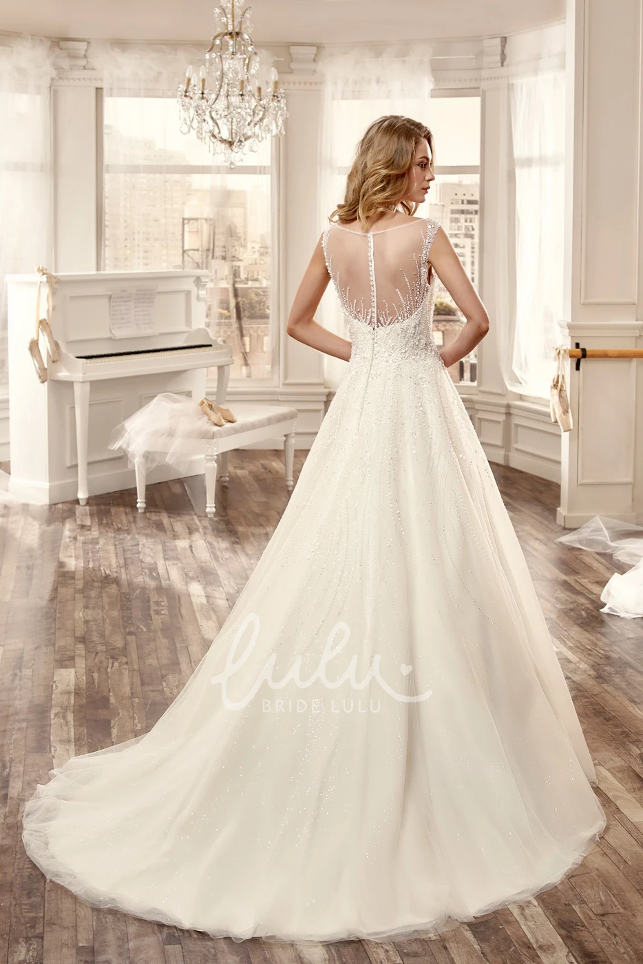 Illusion A-Line Wedding Dress with Brush Train and Puffed Tulle Skirt Sweetheart