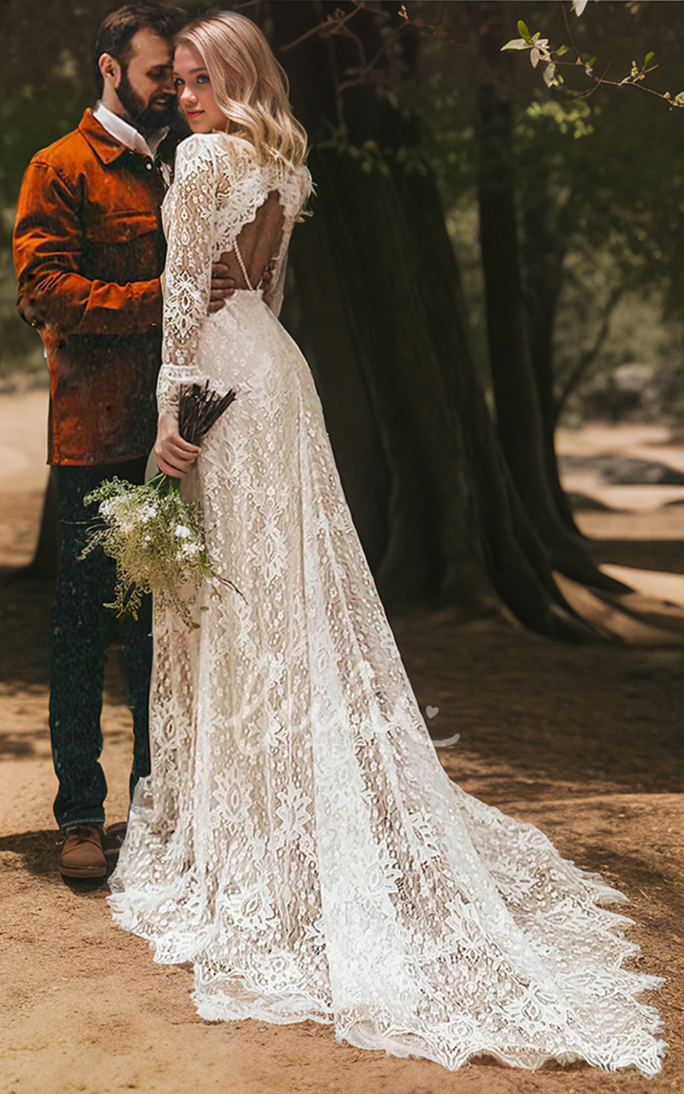 Vintage Floral Lace Bohemian Long Sleeve V-neck A-Line Wedding Dress with Keyhole Back