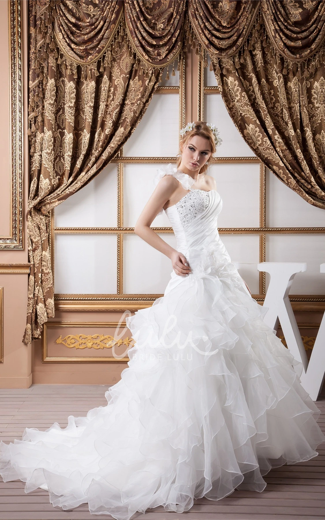 Organza Ball Gown Wedding Dress with Beading and Ruffles Flowy Wedding Dress Women
