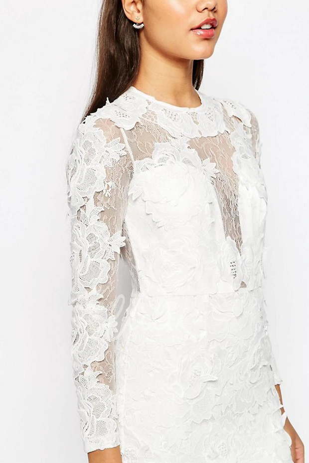 High Neck Sheath Lace Wedding Dress Long-Sleeve Illusion Bride Gown