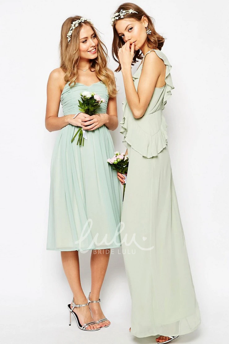 A-Line Tea-Length Ruched Chiffon Bridesmaid Dress with Spaghetti Straps