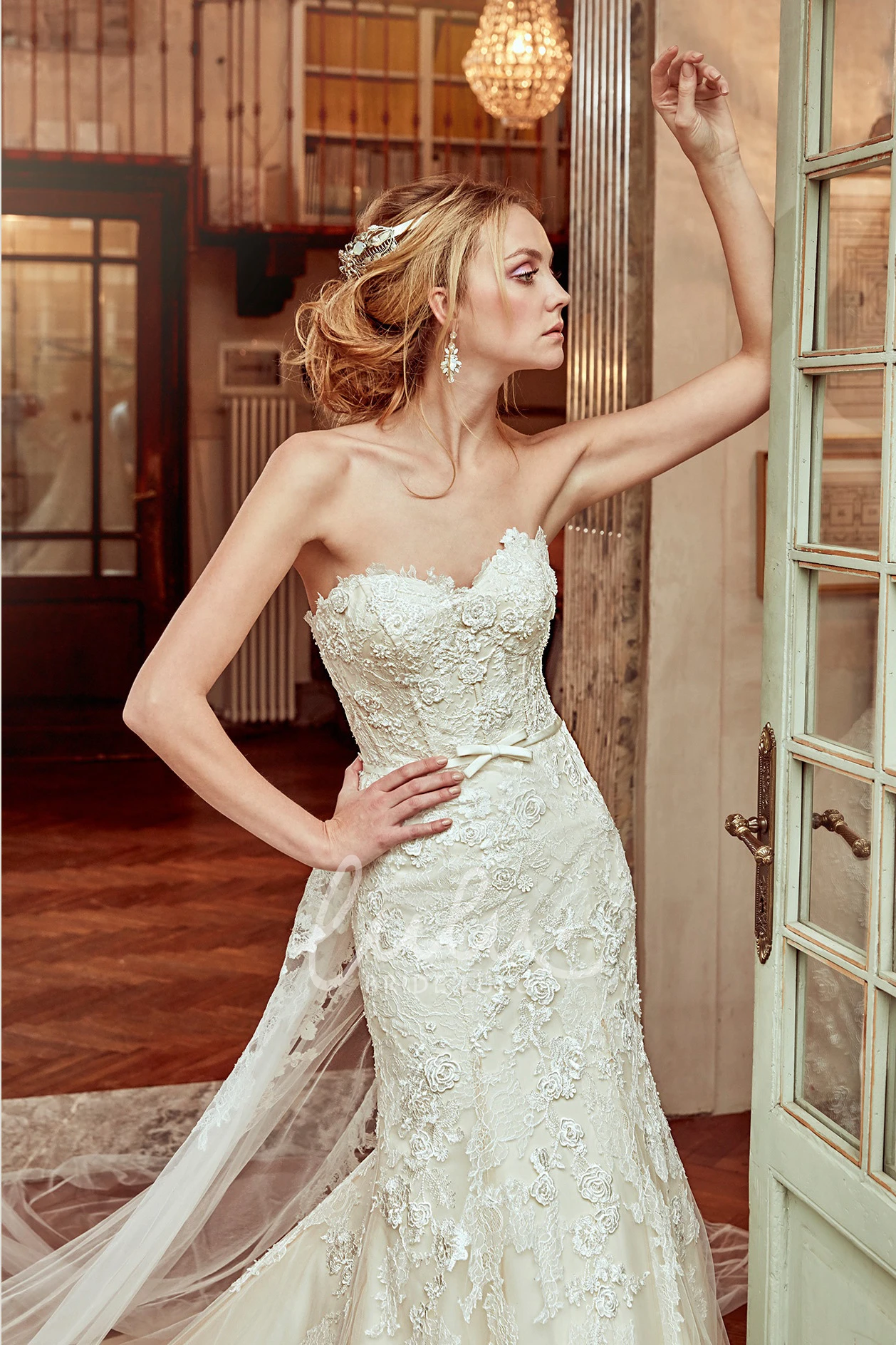 Satin Sash Mermaid Wedding Dress with Lace Appliques and Sweetheart Neckline