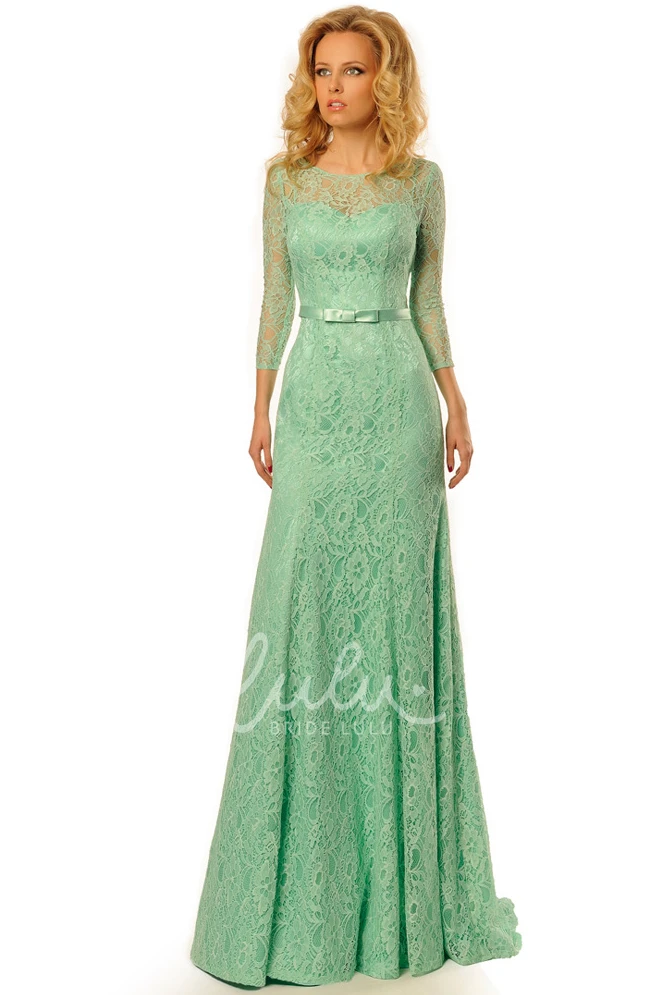 3/4 Sleeve Lace Maxi Prom Dress with Ribboned Scoop Neck