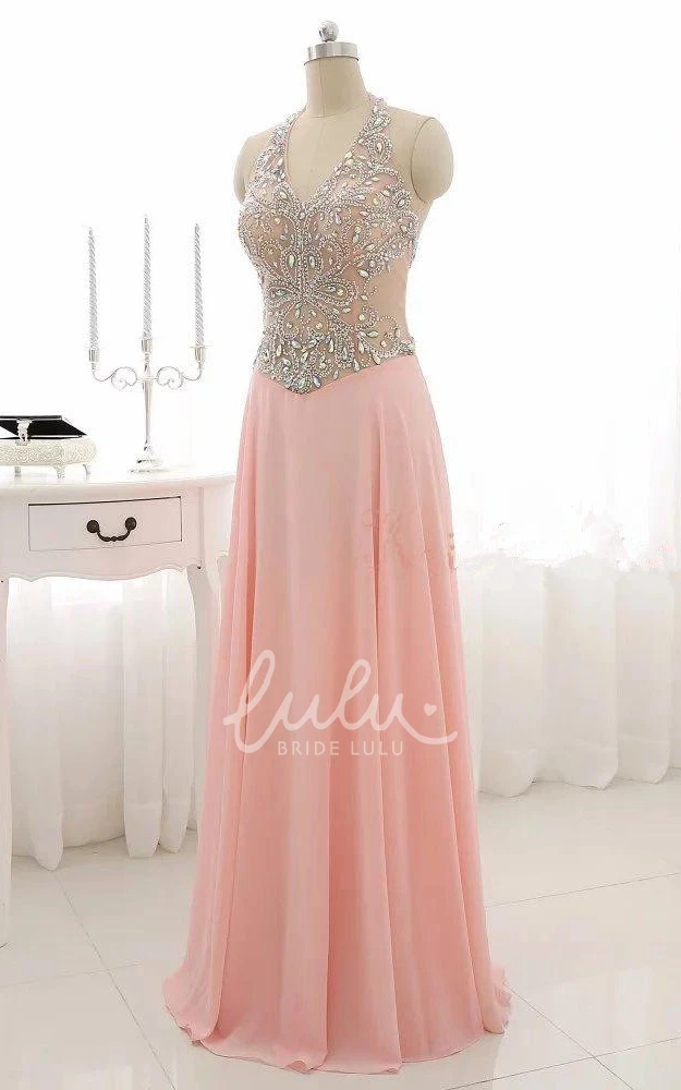 Chiffon Halter Backless Formal Dress with Beading Floor-length