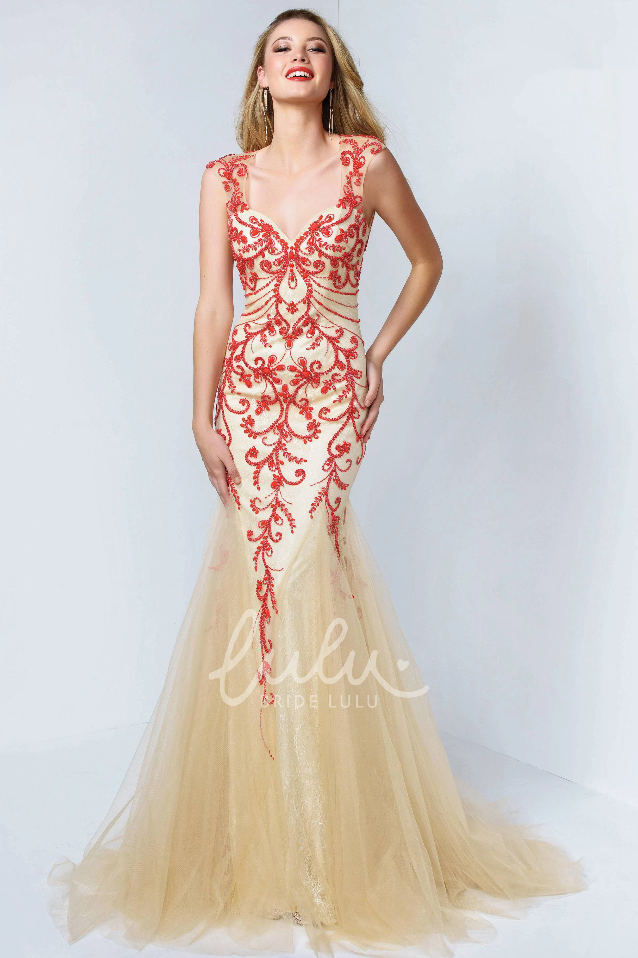 Mermaid Lace Beaded Tulle Cap-Sleeve Prom Dress