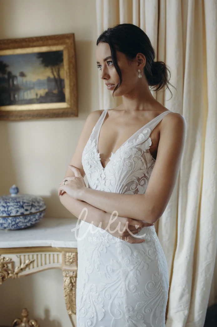 Mermaid Lace Winter Wedding Dress with Deep V-Back and Court Train