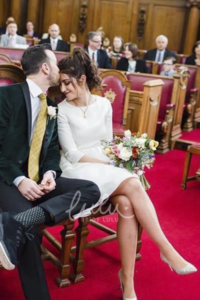 Knee Length Satin Wedding Dress with Bateau Neckline and Ruching Elegant Bridal Gown