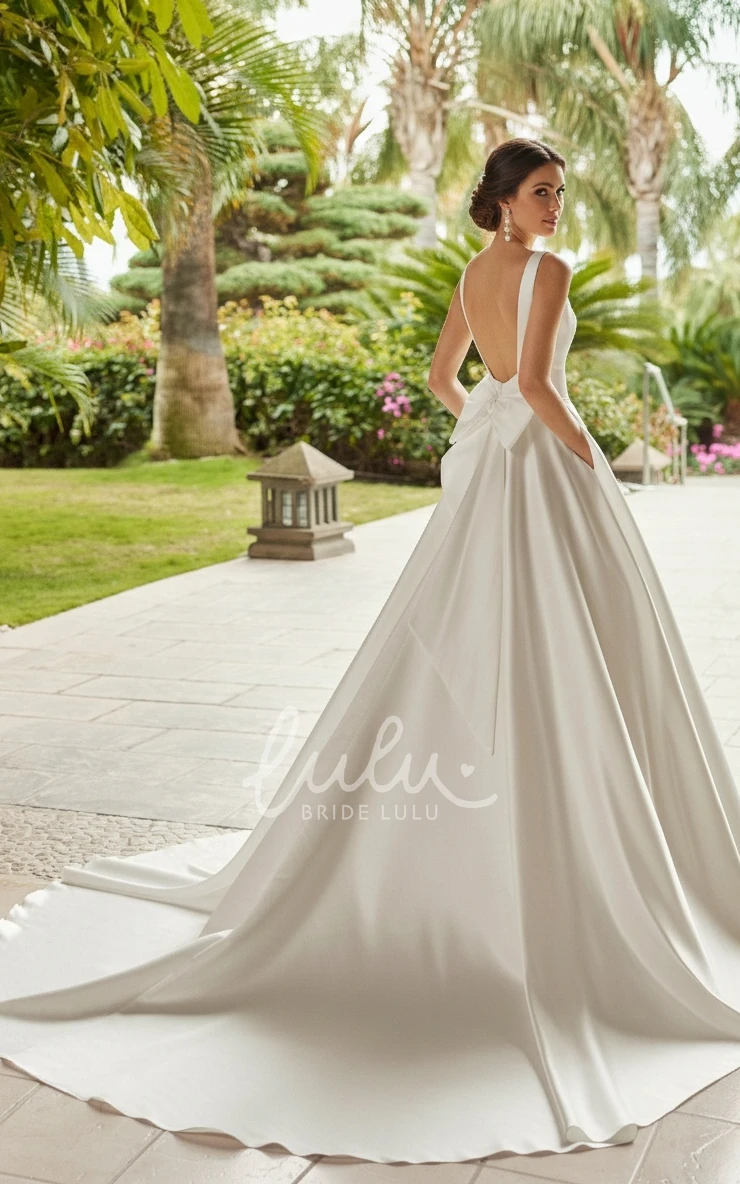 Simple Solid A-Line Square Neck Straps Satin Spring Wedding Dress Elegant Romantic Court Floor-length Sleeveless Backless Zipper Bridal Gown with Bows