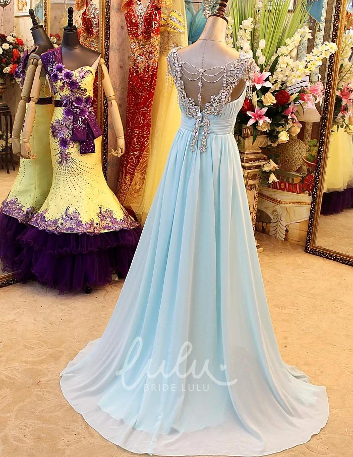 A-Line Backless Blue Prom Dress with Crystal Beading and Blingbling Details