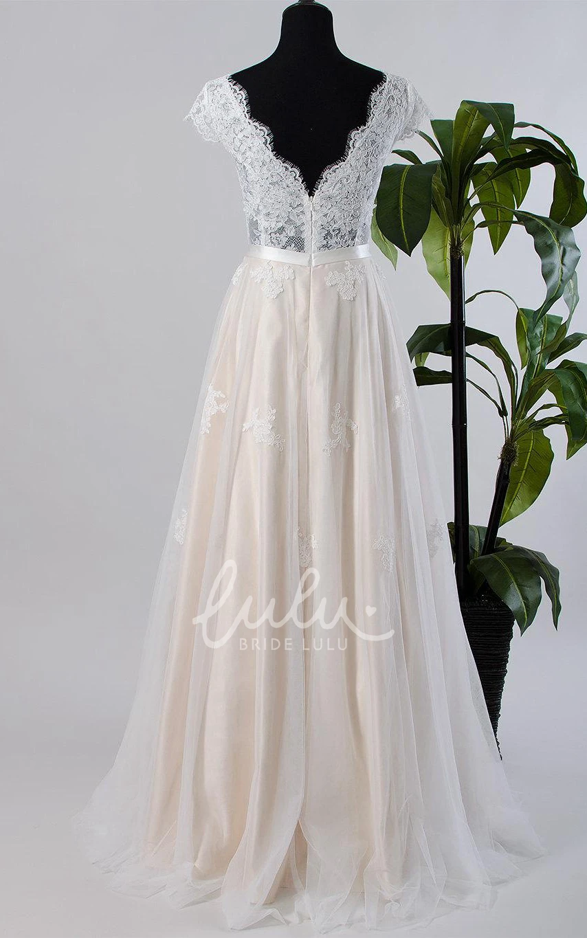 Low-V Back Cap Sleeve Wedding Dress with Tulle and Lace Modern Bridal Gown