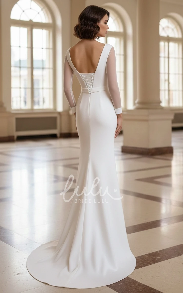 Bateau Neck Simple Solid Mermaid Floor-length Long Sleeve Warm Wedding Dress with Corset Back Sash