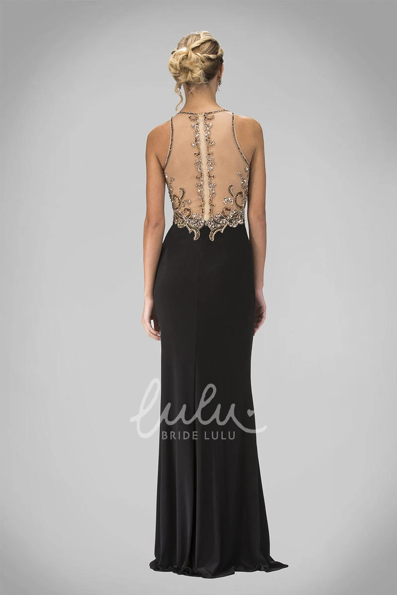Illusion Scoop-Neck Sheath Jersey Prom Dress with Beading
