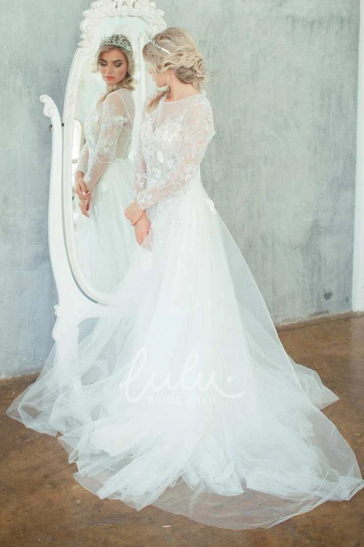 A-Line Tulle Satin Wedding Dress with Lace-Up Corset Back Floral Embroidered Country