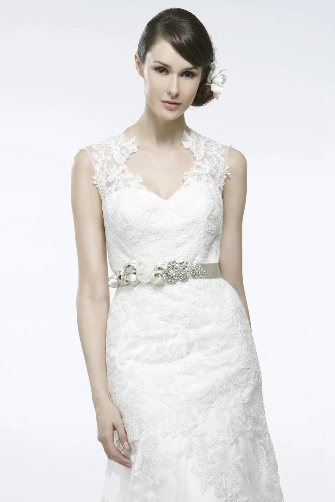 V-Neck Lace A-Line Spring Wedding Dress with Keyhole Back and Sweep Train