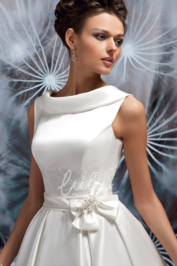 Satin Wedding Dress with Beading and Bowed Sleeveless A-Line Floor-Length
