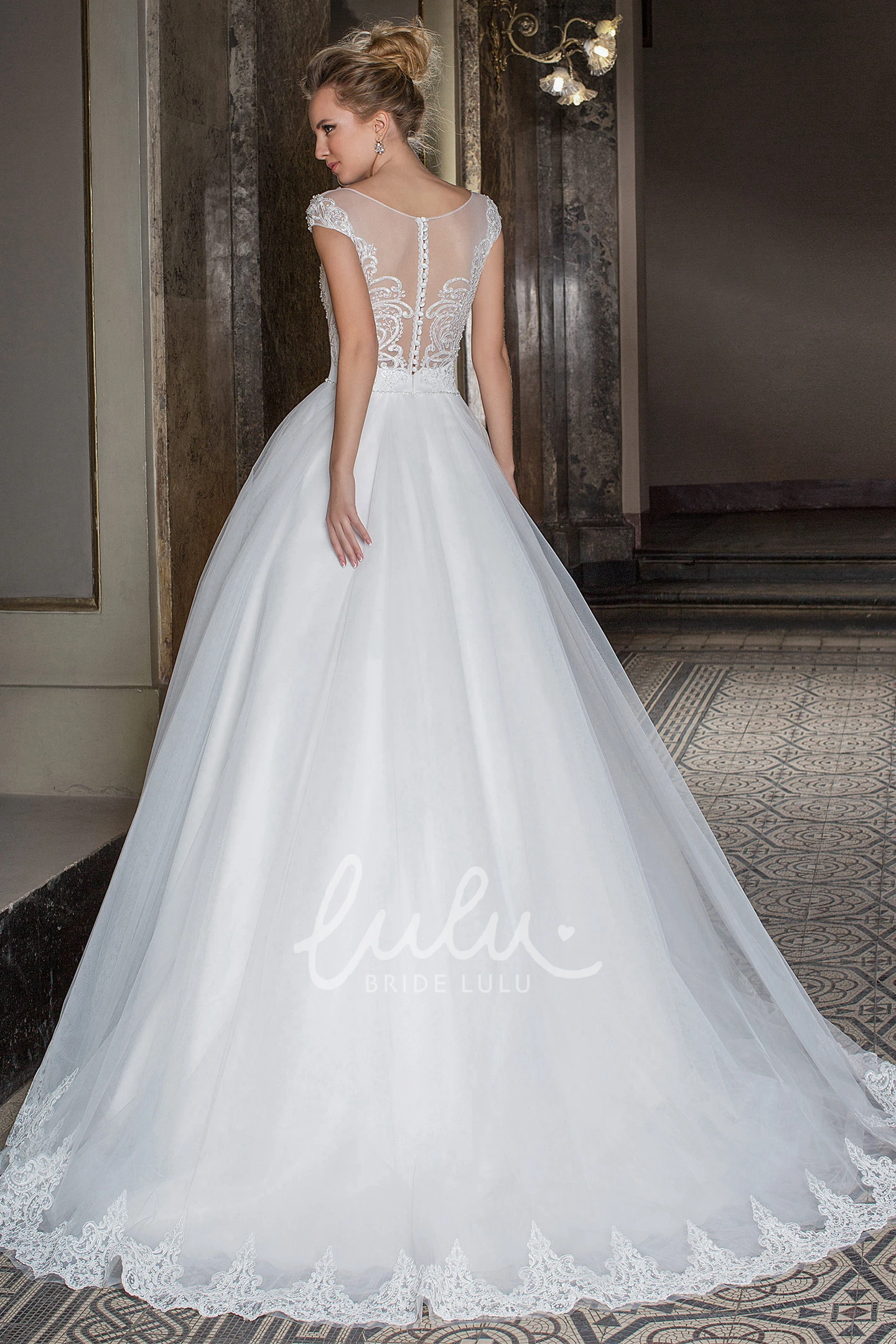 Appliqued Tulle Wedding Dress with Beading and Illusion Maxi Cap-Sleeve Sweetheart