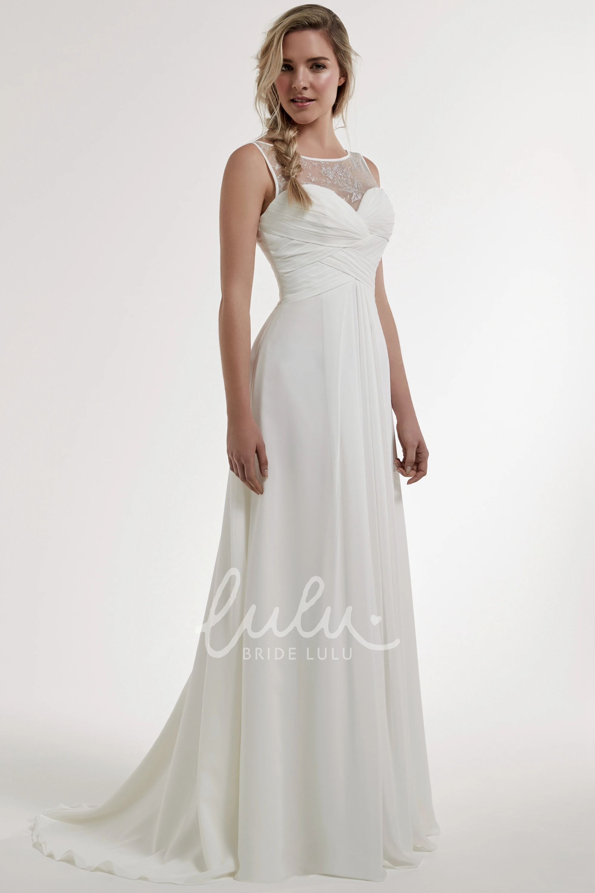 Long Beaded Chiffon A-Line Wedding Dress with Bateau Neckline and Low-V Back Unique Bridal Gown