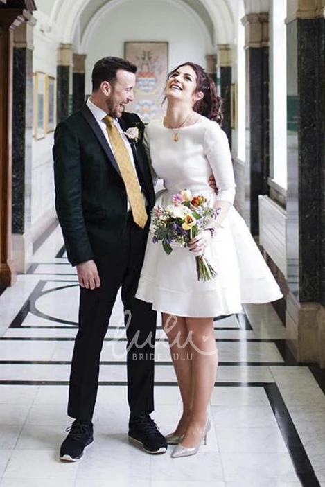 Knee Length Satin Wedding Dress with Bateau Neckline and Ruching Elegant Bridal Gown