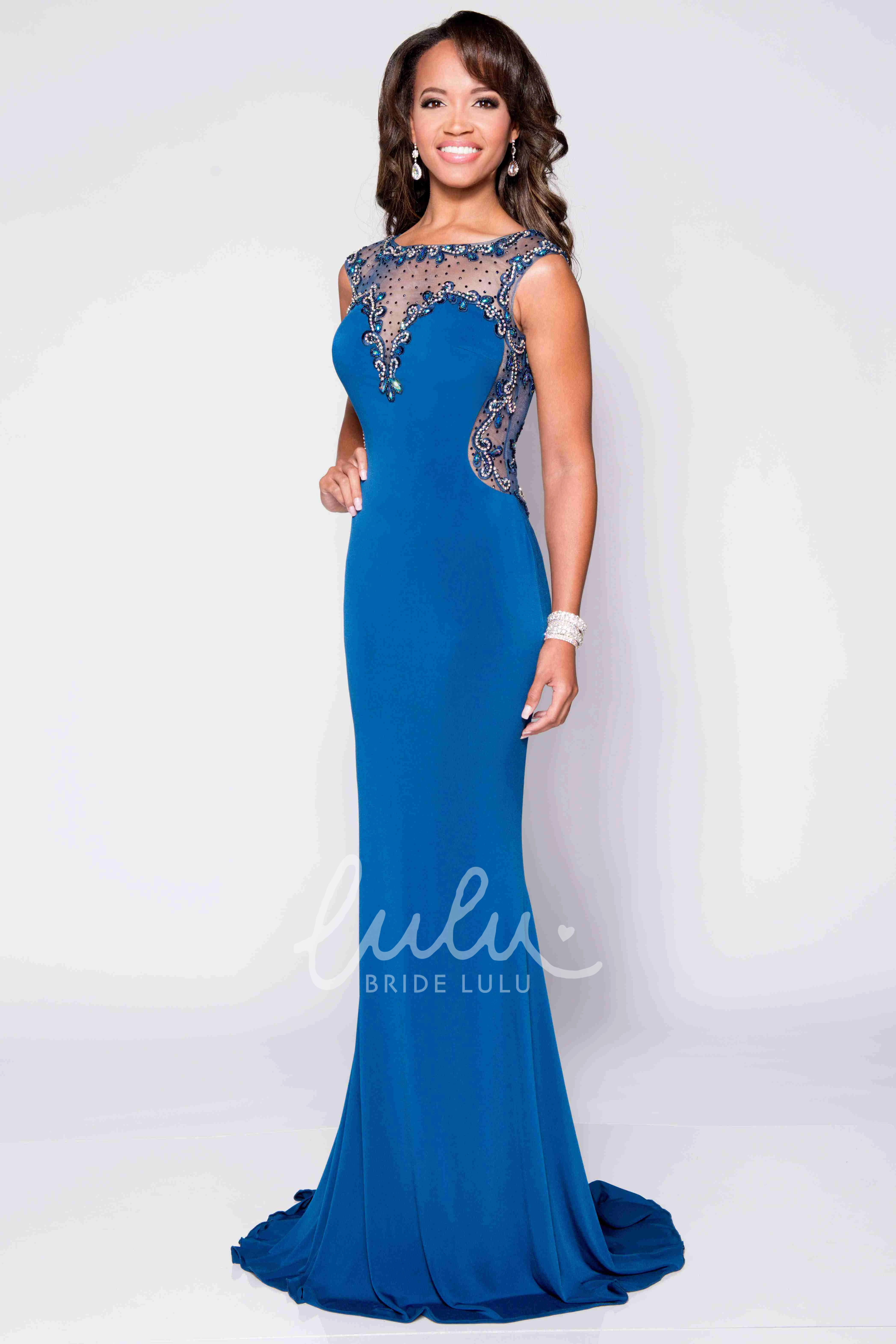 Bateau Neck Sheath Sleeveless Prom Dress with Jeweled Illusion Design Elegant Formal Dress