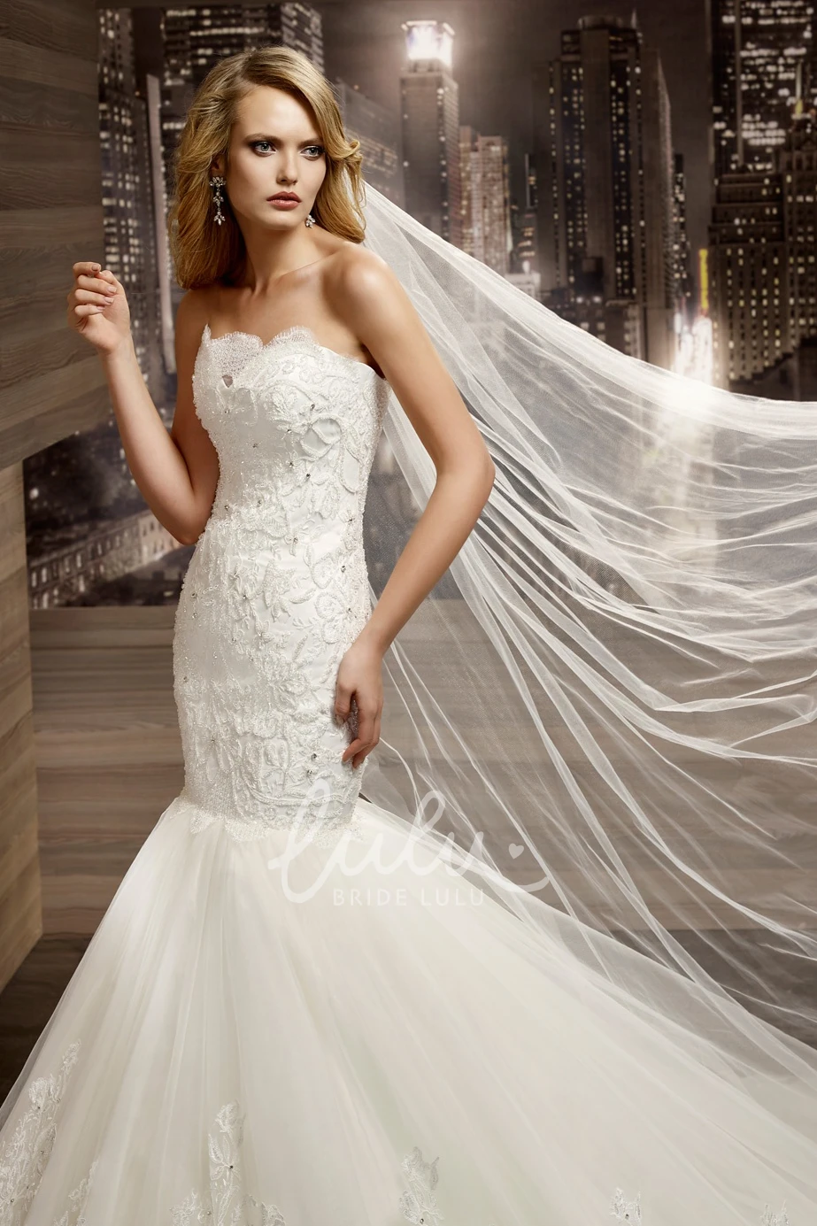 Lace Mermaid Wedding Dress with Appliques and Brush Train