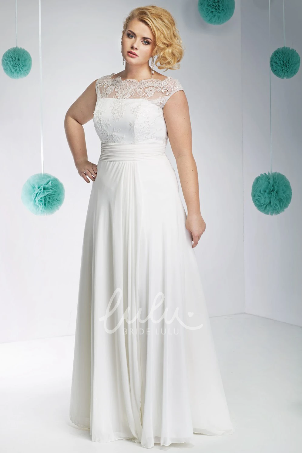 Plus Size Lace Bateau-Neck Wedding Dress with Cap Sleeves