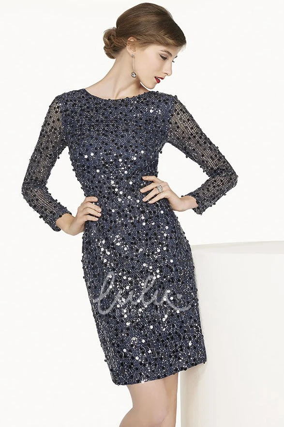 Sheath Short Prom Dress with Allover Sequins Low V Back Long Sleeve