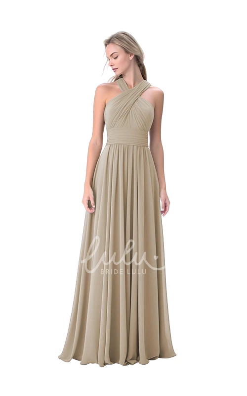 A-Line Chiffon Halter Neck Bridesmaid Dress with Ruching Classy Wedding Dress