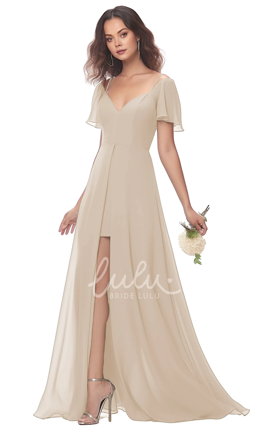 A-Line Chiffon V-neck Bridesmaid Dress with Split Front Modest & Unique