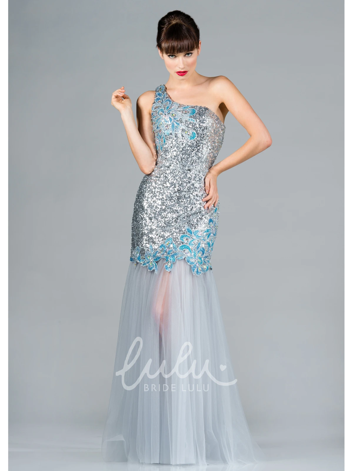 Sequin One-Shoulder Tulle Formal Dress with Pleats