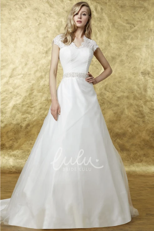 A-Line Organza Wedding Dress with Appliques Cap Sleeve Scalloped Floor-Length